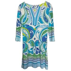Barbara Gerwit Women’s Size S Blue White Green Abstract Geo Knit V-Neck Dress